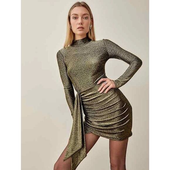 Reformation Paprika Dress Size 1X Gold Sparkle Mock Neck Ruched Bethesda Row - Picture 1 of 12